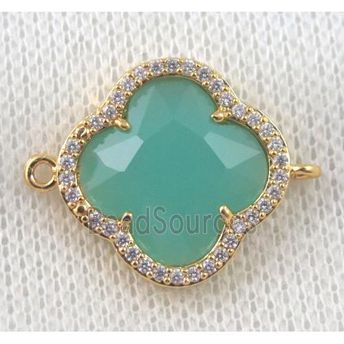 green crystal glass four-leaf Clover connector paved zircon, gold plated