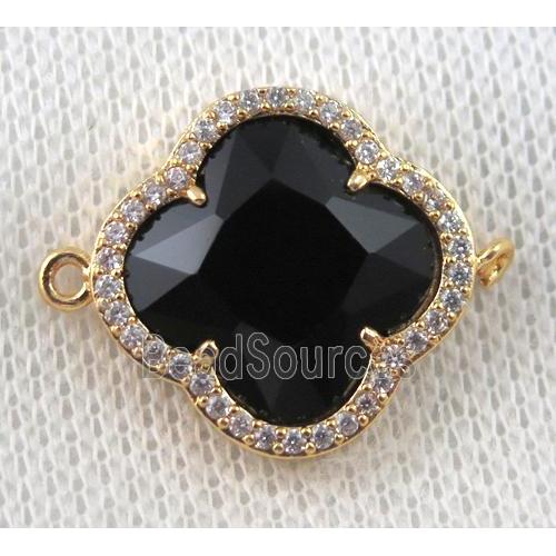 black crystal glass four-leaf Clover connector paved zircon, gold plated