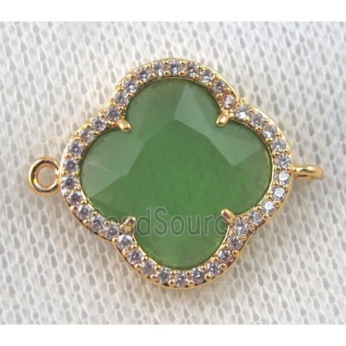 olive crystal glass four-leaf Clover connector paved zircon, gold plated