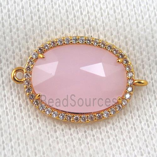 pink crystal glass connector paved zircon, faceted oval, gold plated