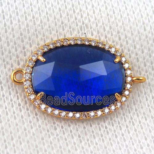 blue crystal glass connector paved zircon, faceted oval, gold plated