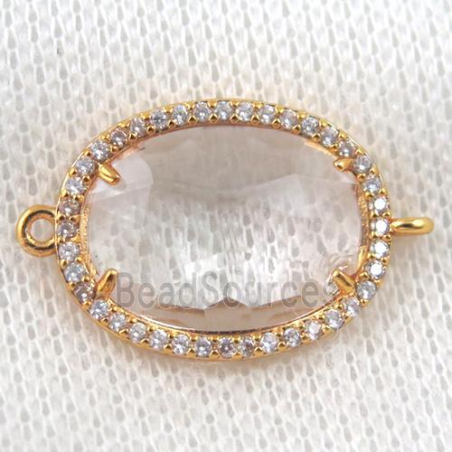 clear crystal glass connector paved zircon, faceted oval, gold plated