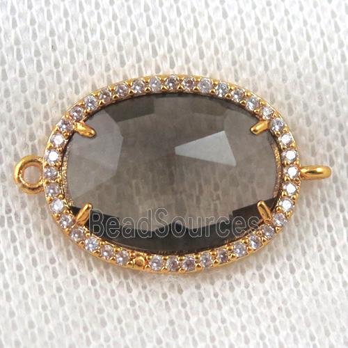 smoky crystal glass connector paved zircon, faceted oval, gold plated