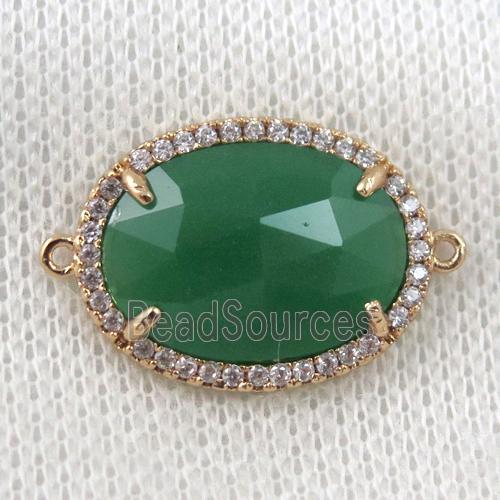 green crystal glass connector paved zircon, faceted oval, gold plated