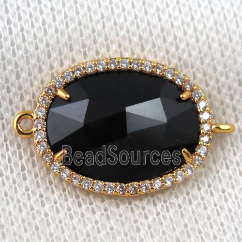 black crystal glass connector paved zircon, faceted oval, gold plated