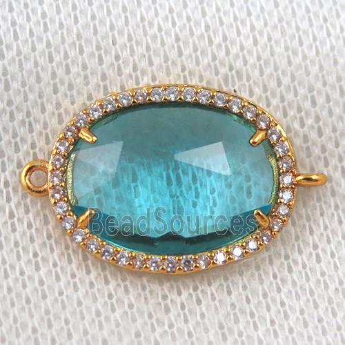 aqua crystal glass connector paved zircon, faceted oval, gold plated