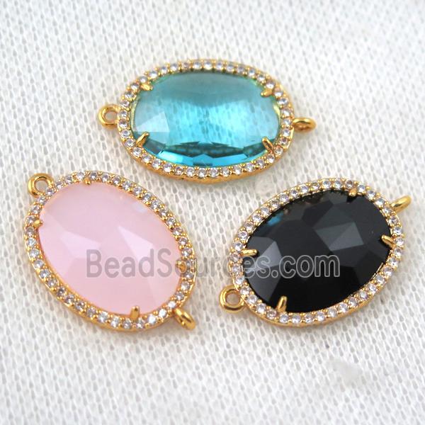 crystal glass connector paved zircon, mix color, faceted oval, gold plated