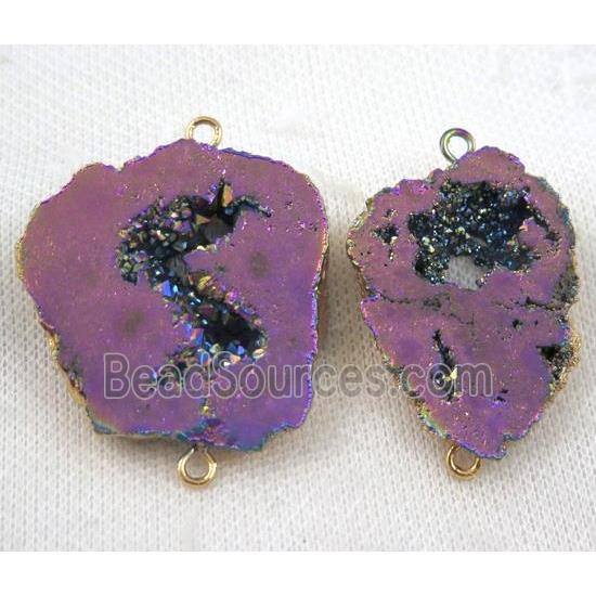 druzy agate slice connector, purple, freeform, gold plated