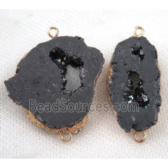 druzy agate slice connector, black, freeform, gold plated