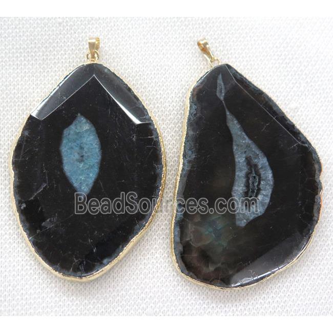 blue druzy agate slice pendant, black, faceted freeform, gold plated