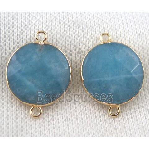 blue jade connector, faceted flat-round, gold plated