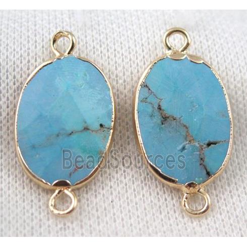 blue Turquoise connector, faceted oval, gold plated