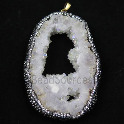 druzy agate pendant paved rhinestone, White AB color