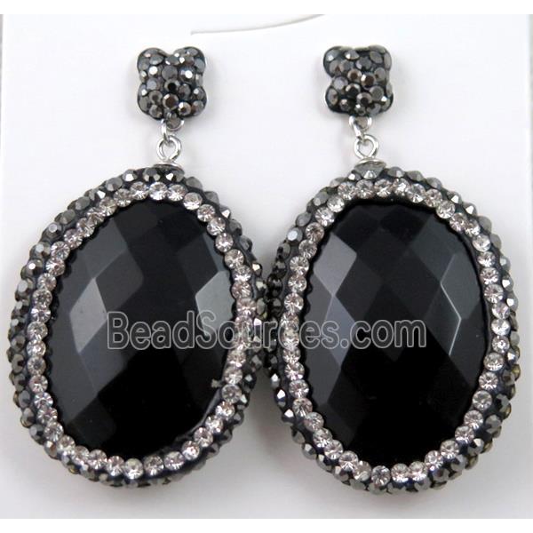 black agate onyx earring paved rhinestone with sterling silver stud