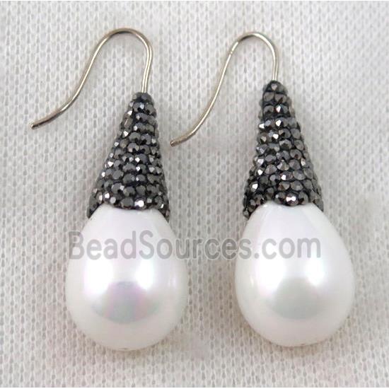 white shell pearl earring studs paved rhinestone