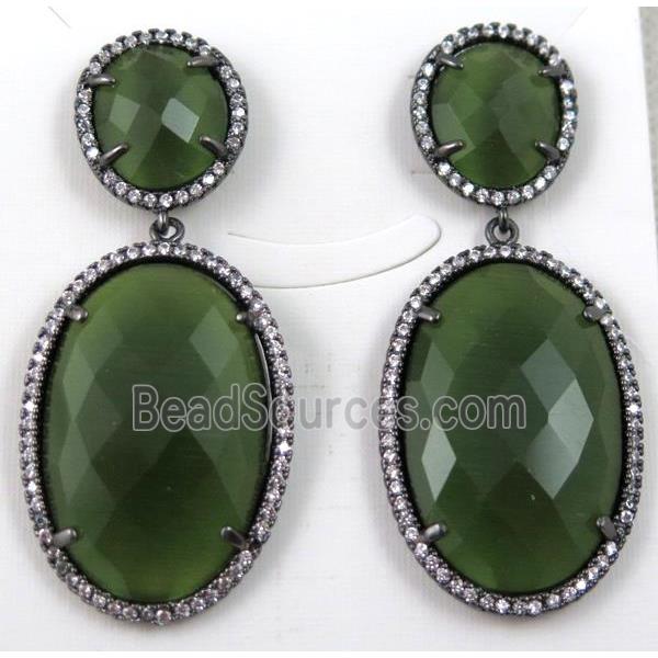 green cats eye stone earring paved zircon with sterling silver stud