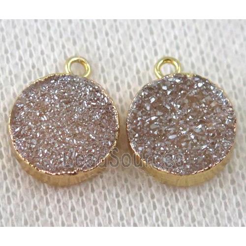 druzy agate pendant, golden champagne, flat-round, gold plated