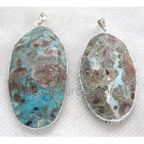 blue Ocean Jasper pendant, faceted oval, silver plated