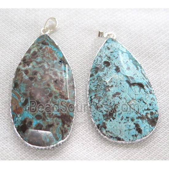 blue Ocean Jasper pendant, faceted teardrop, silver plated