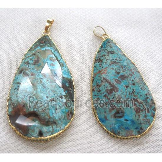 blue Ocean Jasper pendant, faceted teardrop, silver plated