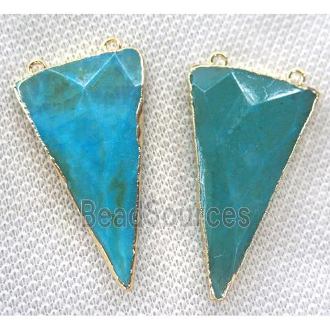 agate triangle pendant with 2loops, faceted, blue dye, gold plated