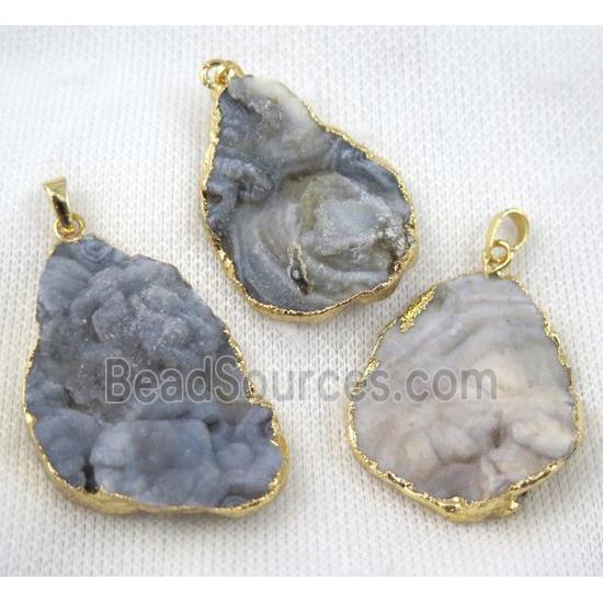 solar agate druzy slice pendant, freeform, gold plated