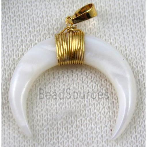 white pearl shell crescent horn pendant, gold wire wrapped