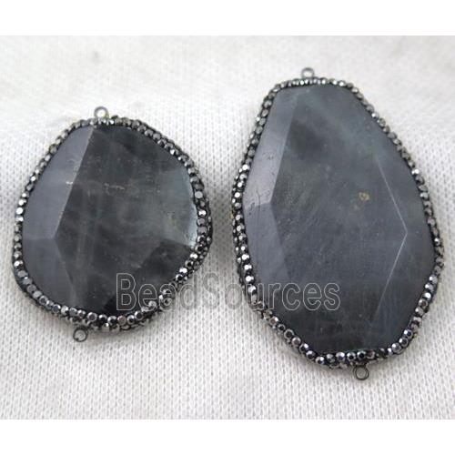 black Labradorite slice connector paved rhinestone, faceted freeform