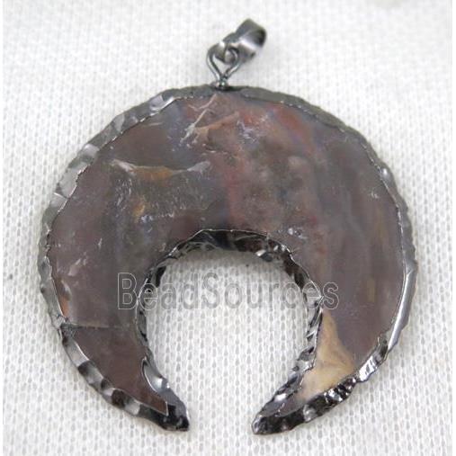 natural hammered Rock Agate crescent horn pendant, black plated