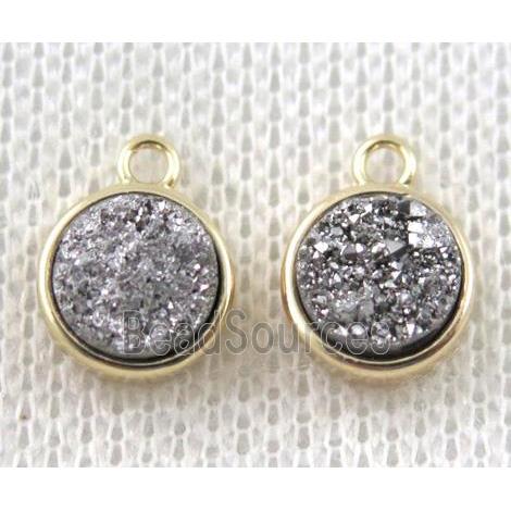 silver druzy quartz pendant, flat-round, copper, gold plated