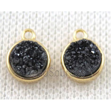 black druzy quartz pendant, circle, copper, gold plated