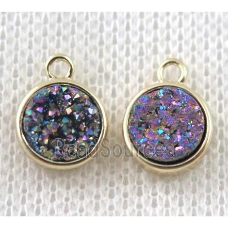 rainbow druzy quartz pendant, flat-round, copper, gold plated