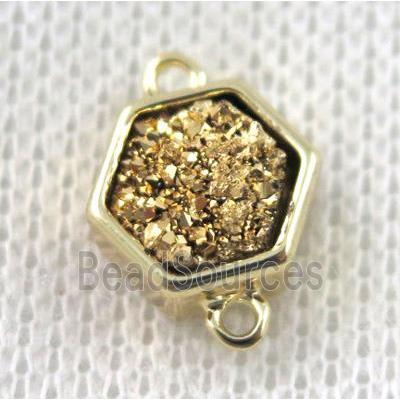 golden druzy quartz hexagon connector, copper, gold plated