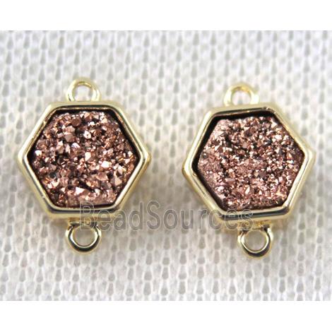 rose-golden druzy quartz hexagon connector, copper, gold plated