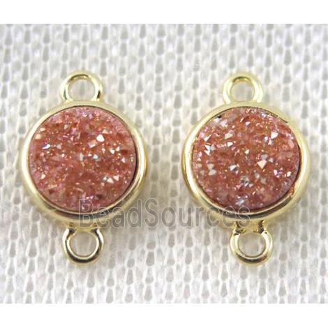 golden-champagne druzy quartz connector, copper, flat-round, gold plated