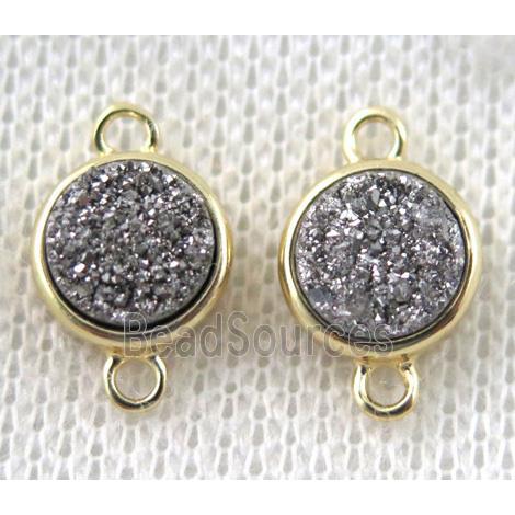 silver druzy quartz connector, copper, flat-round, gold plated