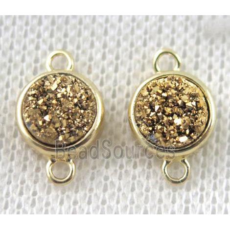 GOLDEN druzy quartz connector, copper, flat-round, gold plated