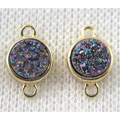 rainbow druzy quartz connector, copper, flat-round, gold plated