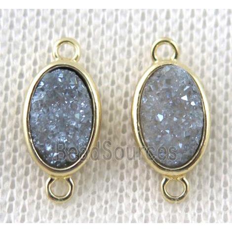 druzy quartz oval connector, light gray-blue, copper, gold plated