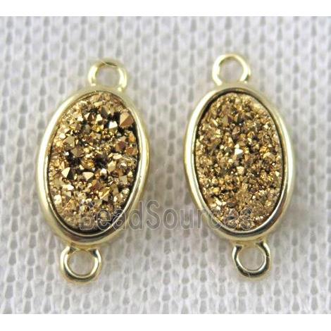 golden druzy quartz connector, copper, oval, gold plated