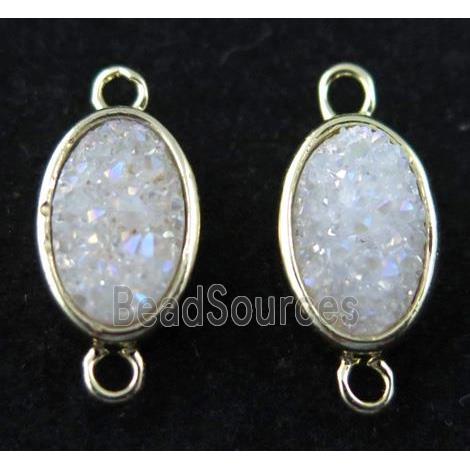 druzy quartz connector, white AB-color, copper, oval, gold plated