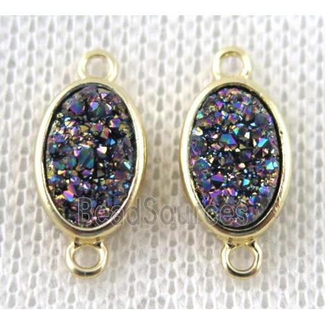 rainbow druzy quartz connector, copper, oval, gold plated