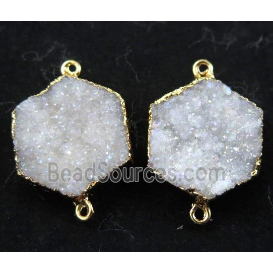 druzy quartz hexagon connector, white AB-color, gold plated