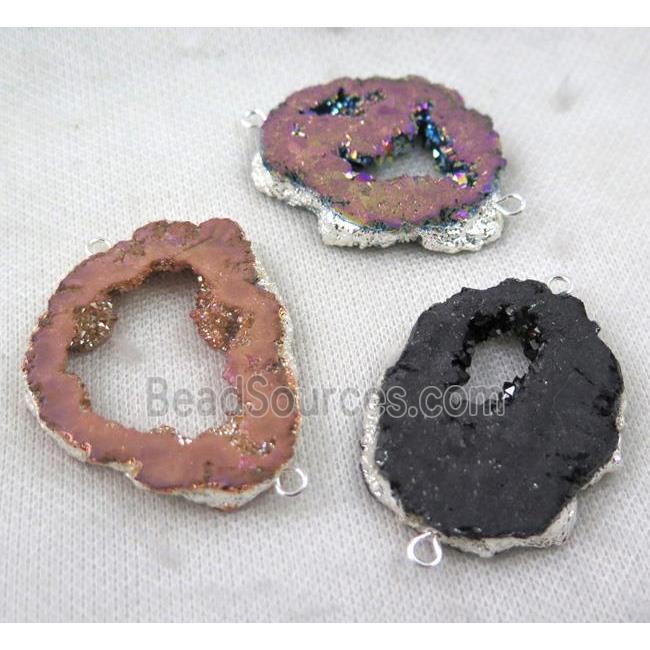 druzy agate connector, freeform slice, mix color, silver plated