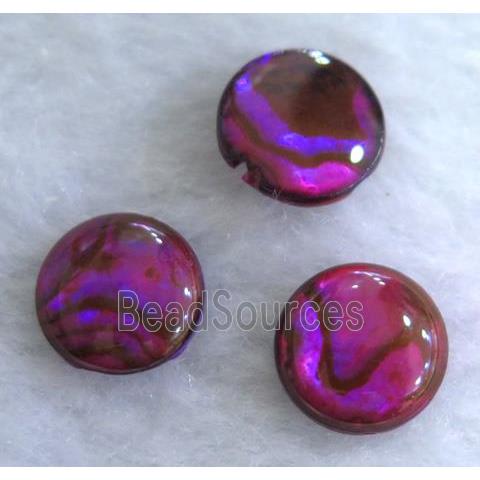 Paua Abalone shell bead without hole, flat round, red dye