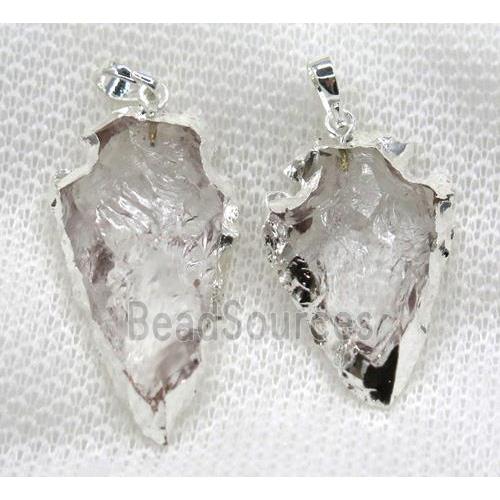 hammered Clear Quartz arrowhead pendant, silver plated