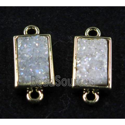 white AB-color Quartz Druzy connector, rectangle, gold plated