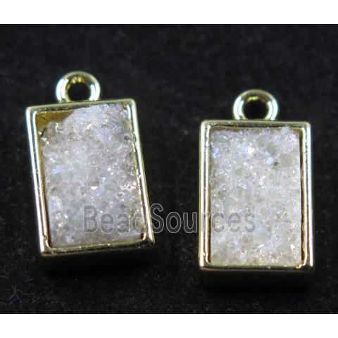 white AB-color Quartz Druzy pendant, rectangle, gold plated