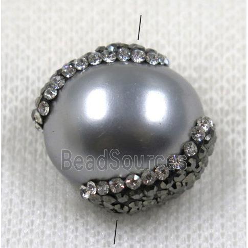 gray pearl shell bead paved rhinestone, flat round