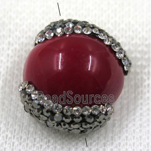 red pearl shell bead paved rhinestone, flat round